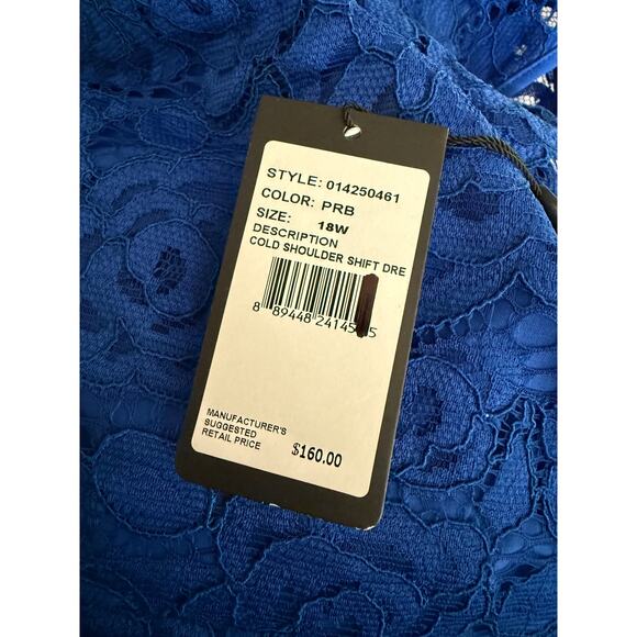 Adrianna Papell Cobalt Blue Lace Overlay Knee Length 18w Exposed Shoulder Dress - Picture 9 of 15